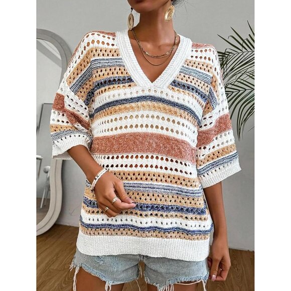 Womens V Neck Crochet Sweater Striped Short Sleeve Pullover Medium - Picture 6 of 6